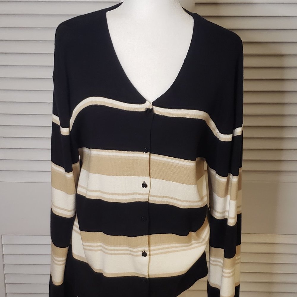 Excellent Condition VINTAGE XL Sag Harbor Black, Cream & White Striped Cardy